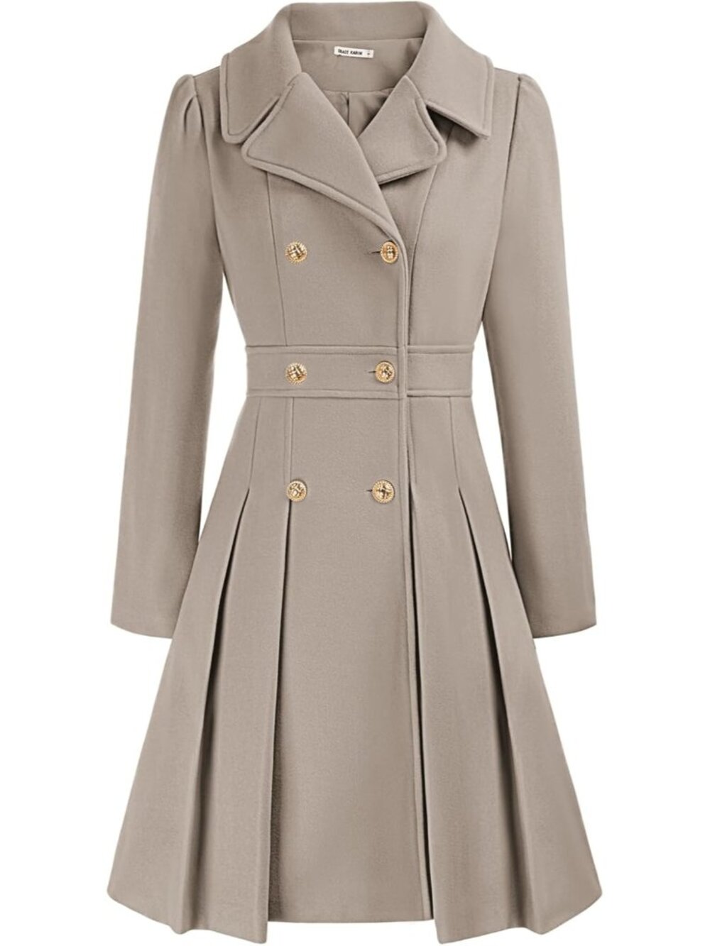 Women's Taupe Double Breasted Gold Button Notch Lapel Pleated Trench Pea Coat